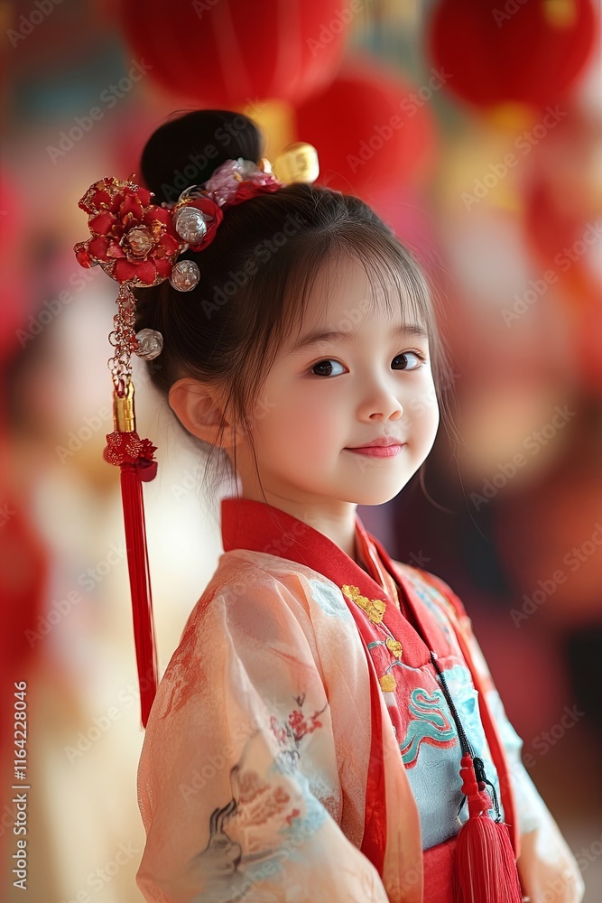 Chinese children dressed in colorful traditional attire participate in a cultural performance, surrounded by festive decorations, Chinese New Year celebrations, cultural heritage in Asia Chinese children dressed in colorful traditional attire participate in a cultural performance, surrounded by festive decorations, Chinese New Year celebrations, cultural heritage in Asia