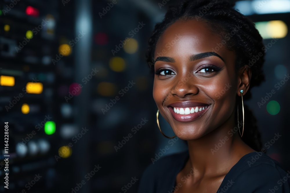 Obraz premium Close portrait of a smiling 40s Chadian female IT worker looking at the camera, against dark server room blurred background.