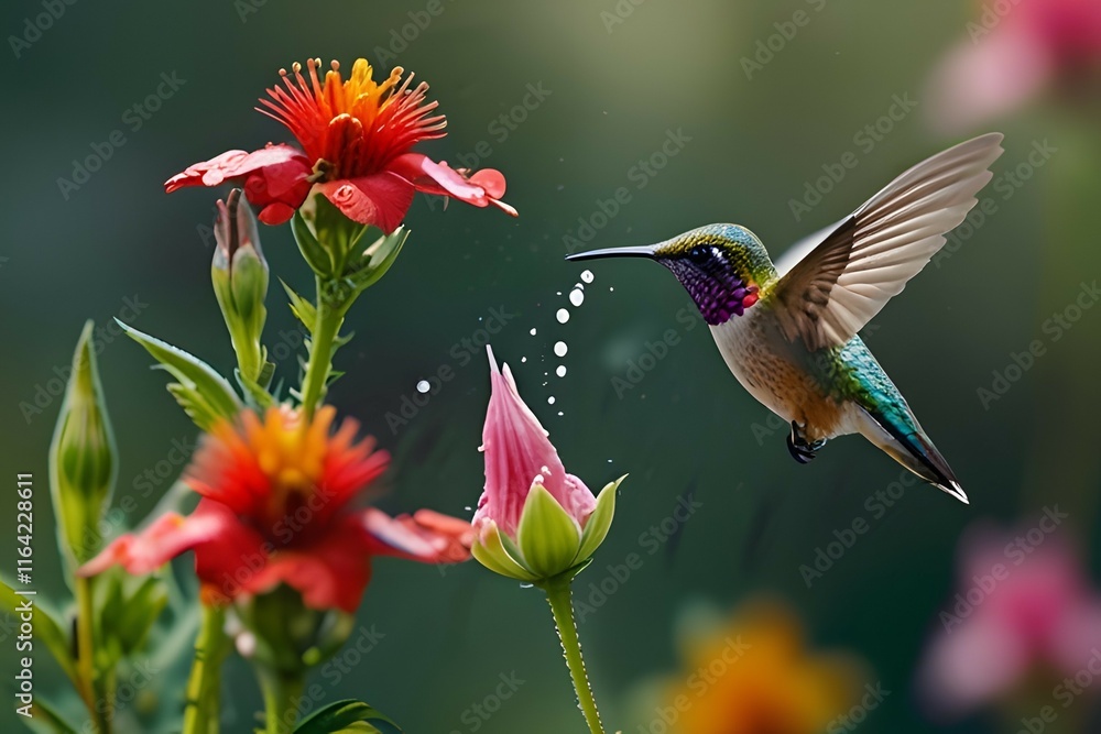 A tiny hummingbird suspended in mid-air, its wings a blur of motion as it drinks nectar from a cluster of vibrant red flowers.
A tiny hummingbird suspended in mid-air, its wings a blur of motion as it drinks nectar from a cluster of vibrant red flowers.