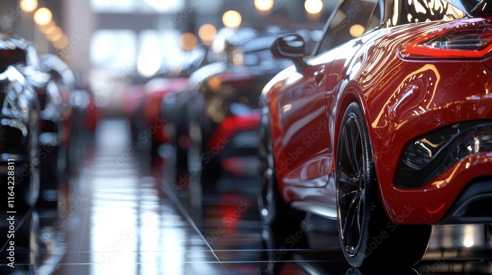 Luxury Car Showroom: Gleaming Red Sports Car in a Modern Setting Luxury Car Showroom: Gleaming Red Sports Car in a Modern Setting