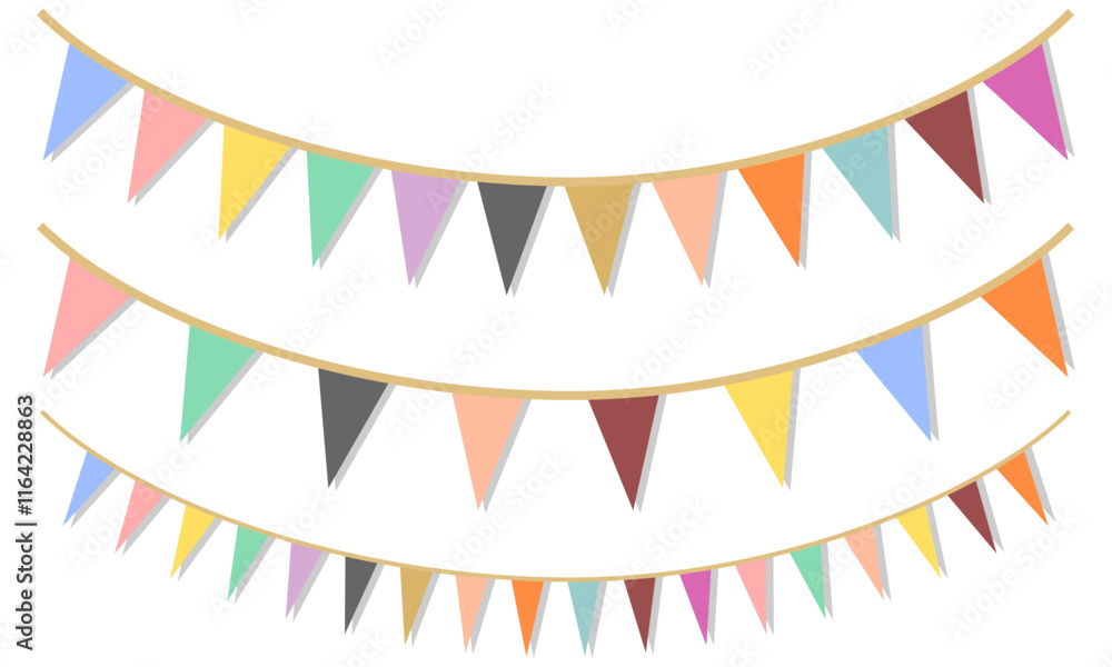 Obraz premium Triangle flag bunting decoration set vector illustration isolated on white background.