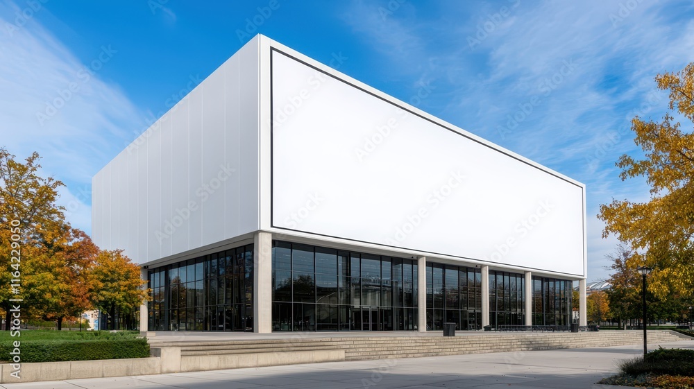Fototapeta premium A modern, minimalist building with a large white facade, expansive glass windows, and surrounded by colorful trees under a blue sky.