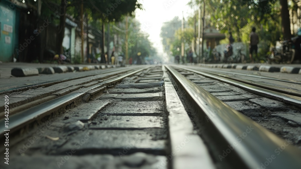 Urban Train Tracks with Warm Morning Light and Green Surroundings Urban Train Tracks with Warm Morning Light and Green Surroundings