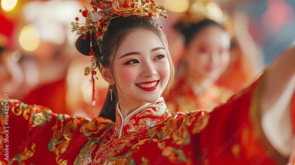 A group of cultural performers showcases a vibrant traditional dance in their beautiful outfits, surrounded by festive red and gold decorations, Chinese New Year, cultural diversity across Asia, China A group of cultural performers showcases a vibrant traditional dance in their beautiful outfits, surrounded by festive red and gold decorations, Chinese New Year, cultural diversity across Asia, China