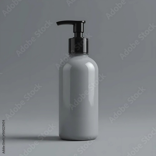 A sleek, gray pump bottle with a black dispenser mockup stands against a minimalist gray background, ideal for product packaging or branding visuals. photo