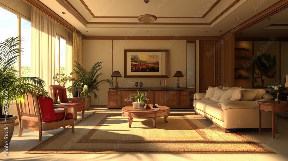 Fototapeta premium Cozy and Elegant Living Room with Natural Light and Green Plants