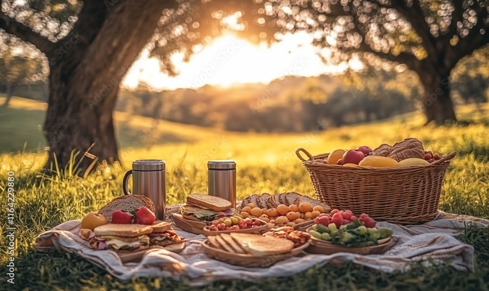 Sunset picnic with sandwiches, fruit, and drinks on a blanket in a park. Sunset picnic with sandwiches, fruit, and drinks on a blanket in a park.