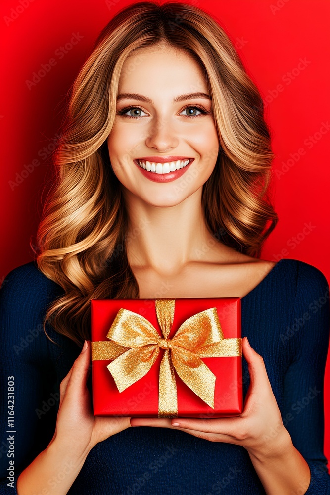 Blonde woman in a festive outfit holding a red gift box with a golden bow, with a red background, ideal for Valentine's Day ads. Blonde woman in a festive outfit holding a red gift box with a golden bow, with a red background, ideal for Valentine's Day ads.