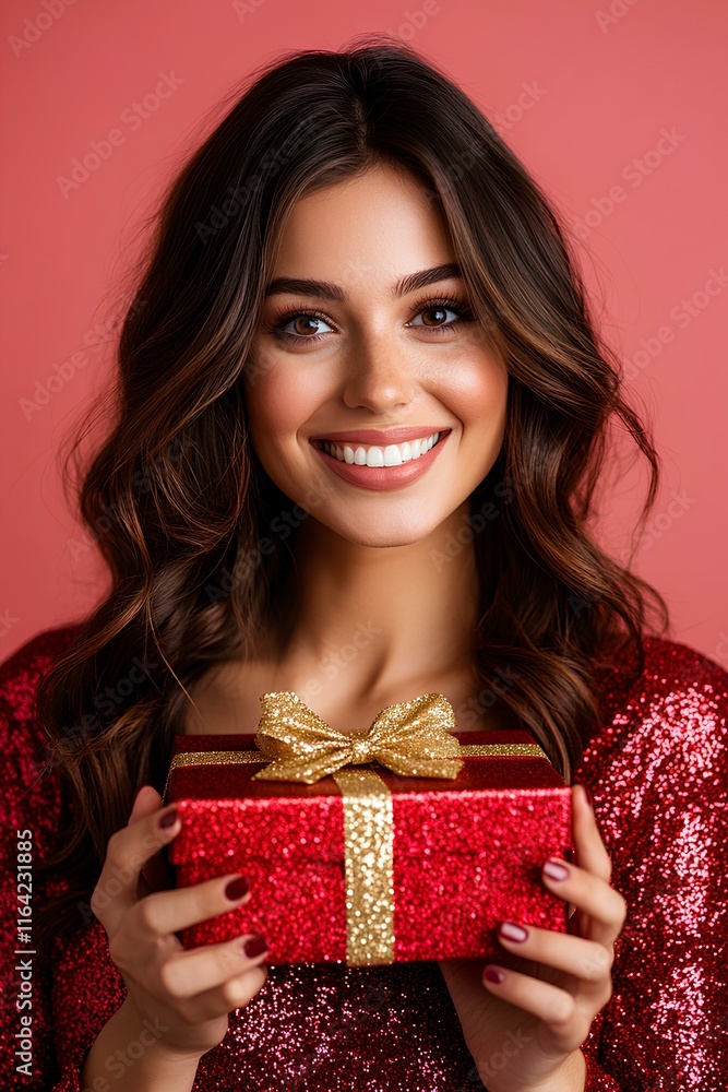 Fototapeta premium Happy brunette woman in a festive dress holding a red gift box with a golden bow, on a red background, great for Valentine's Day promotions.