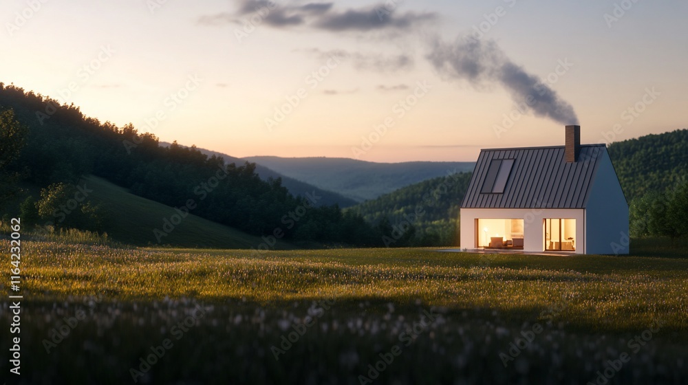 Modern house on hilltop at sunset. Modern house on hilltop at sunset.