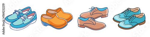 Illustration of Casual and Formal Footwear - A vector illustration displaying four footwear styles: lace-up sneakers, clogs, oxford shoes, and derby shoes in various colors.