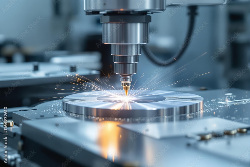 Precision Metal Machining. High-tech CNC machine tool performing laser cutting operation on metallic surface with bright sparks flying in industrial environment. Precision Metal Machining. High-tech CNC machine tool performing laser cutting operation on metallic surface with bright sparks flying in industrial environment.