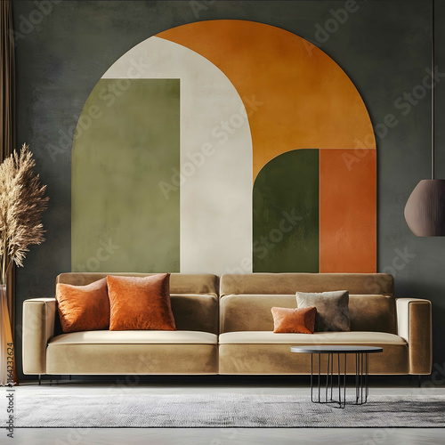 a wall art of simple curved shaped and line composition coor of rustique orange olive green and light grey shade photo