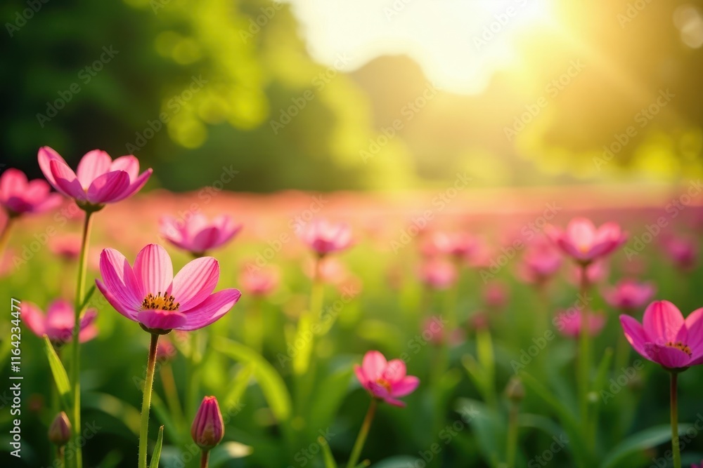 Vibrant pink flower field, sunlit, lush greenery, field of flowers, pink flowers Vibrant pink flower field, sunlit, lush greenery, field of flowers, pink flowers