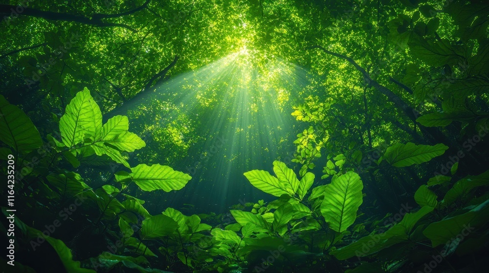 Fototapeta premium Sunbeams illuminating lush green forest floor.
