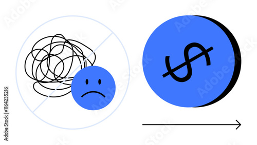 Two blue circles representing change left side with tangled lines and sad face, right side with dollar sign. Ideal for problem-solving, clarity, ambition, success, transformation, guidance, financial