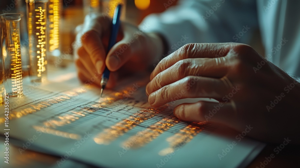 Fototapeta premium Scientist's hands meticulously documenting research data in a laboratory setting, with test tubes in the background.