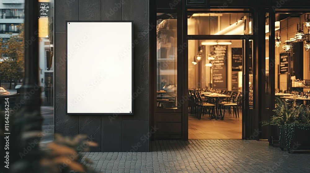 Empty Billboard Outside a Restaurant in Urban Evening Setting Empty Billboard Outside a Restaurant in Urban Evening Setting