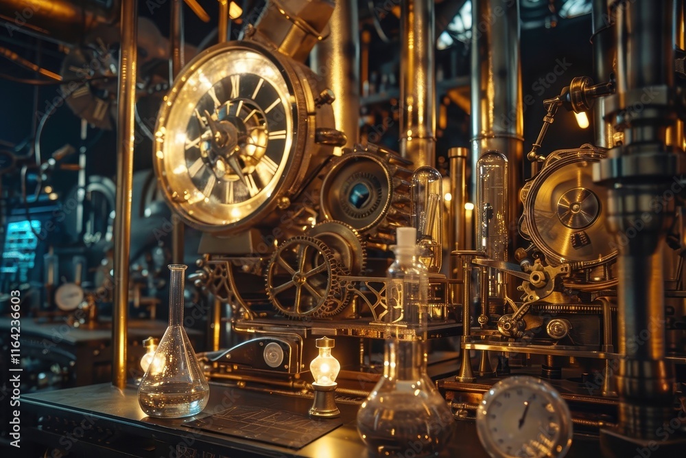 Fototapeta premium Golden Steampunk Laboratory with Intricate Contraptions and Equipment