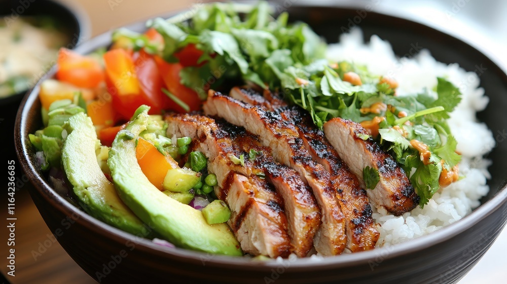 Close-up of a healthy Buddha bowl featuring baked pork, rice, avocado, and a vibrant vegetable salad, perfect for wellness themes. Close-up of a healthy Buddha bowl featuring baked pork, rice, avocado, and a vibrant vegetable salad, perfect for wellness themes.