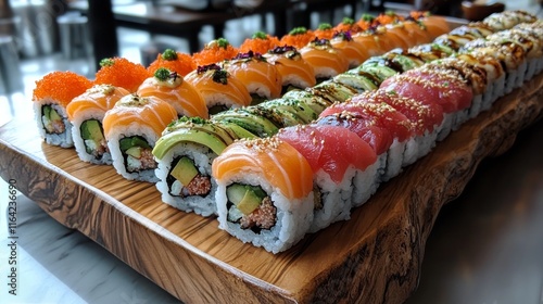 Delicious sushi platter featuring salmon rolls with fresh herbs and garnishes...