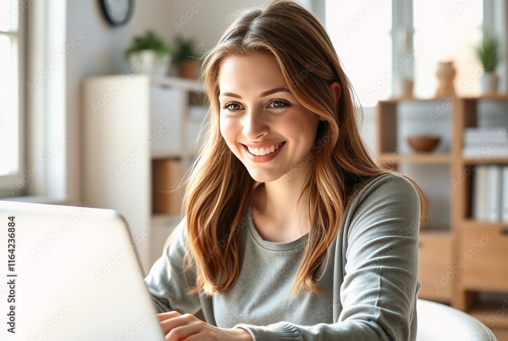 Young Woman Engaged in Remote Work with Laptop in Bright Home Office Setting Young Woman Engaged in Remote Work with Laptop in Bright Home Office Setting