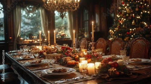 Elegant dinner table setting with candles and festive decor for a cozy celebr...