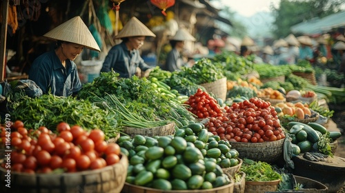 Vibrant market filled with fresh vegetables and local vendors during a sunny ...