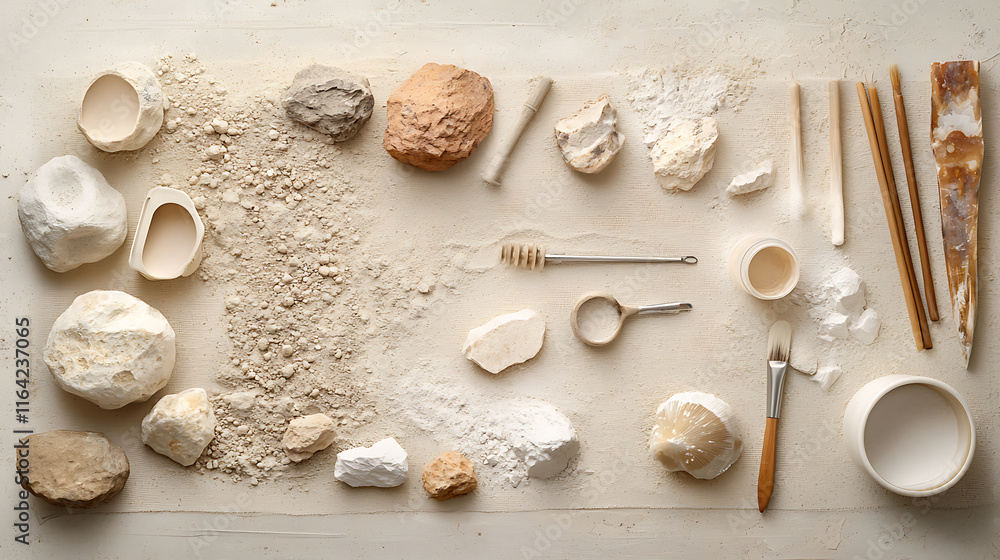 Natural minerals and tools arranged on light surface for creative projects Natural minerals and tools arranged on light surface for creative projects