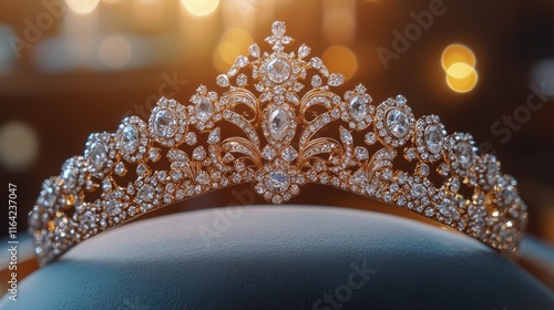 Elegant tiara with intricate design displayed on a cushion during a gala even...