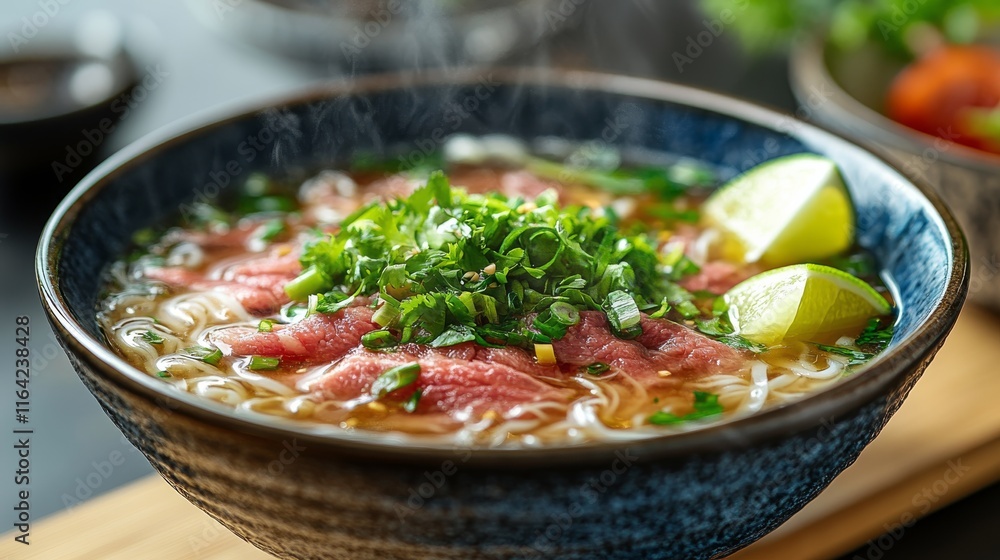 Savory bowl of steaming beef soup with herbs and lime on a wooden table Savory bowl of steaming beef soup with herbs and lime on a wooden table