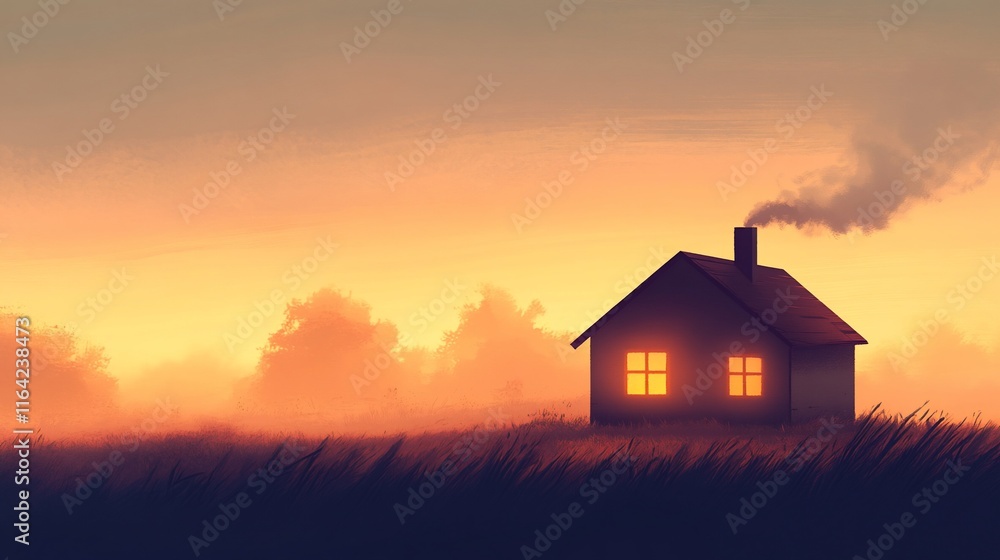 Cozy house with warm lights at sunset. Cozy house with warm lights at sunset.