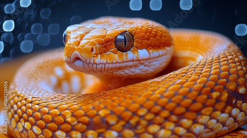 Colorful orange snake resting peacefully on a natural surface in bright daylight