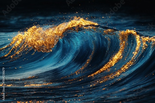 Glittering waves of blue shimmer in abstract design with golden accents