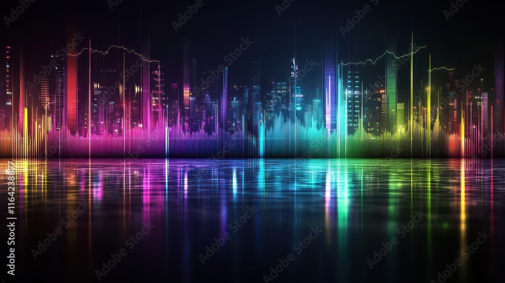 A vibrant city skyline reflected on water, illuminated by colorful sound wave patterns, creating a dynamic and energetic atmosphere. A vibrant city skyline reflected on water, illuminated by colorful sound wave patterns, creating a dynamic and energetic atmosphere.