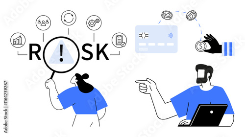 Person analyzing risk factors and financial decisions while another works on a laptop with directional gesture. Ideal for risk assessment, financial planning, strategic decision-making, business