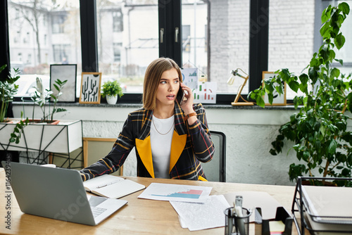 Attractive young woman speaks on the phone while analyzing reports in a trendy office setting. photo