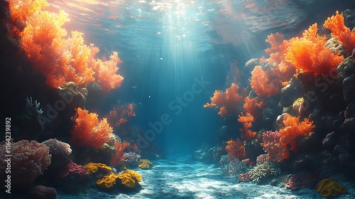 Vibrant coral reef scene underwater sunlight beams photo