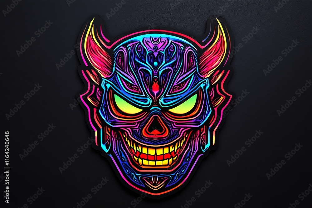 Obraz premium Vibrant neon skull mask with horns, intricate details, and glowing eyes against a dark background.