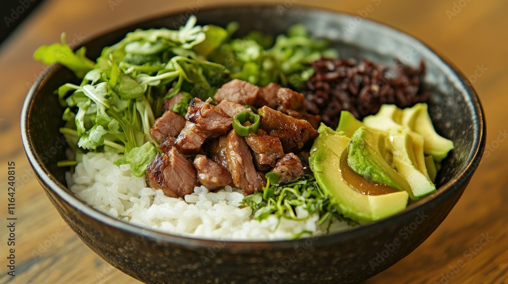 Delicious Buddha bowl with rice, pork, avocado, and fresh greens, styled beautifully with space for text. Delicious Buddha bowl with rice, pork, avocado, and fresh greens, styled beautifully with space for text.