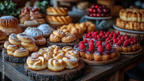 Wallpaper Mural Selection of assorted pastries and desserts displayed on wooden boards in a rustic setting Torontodigital.ca