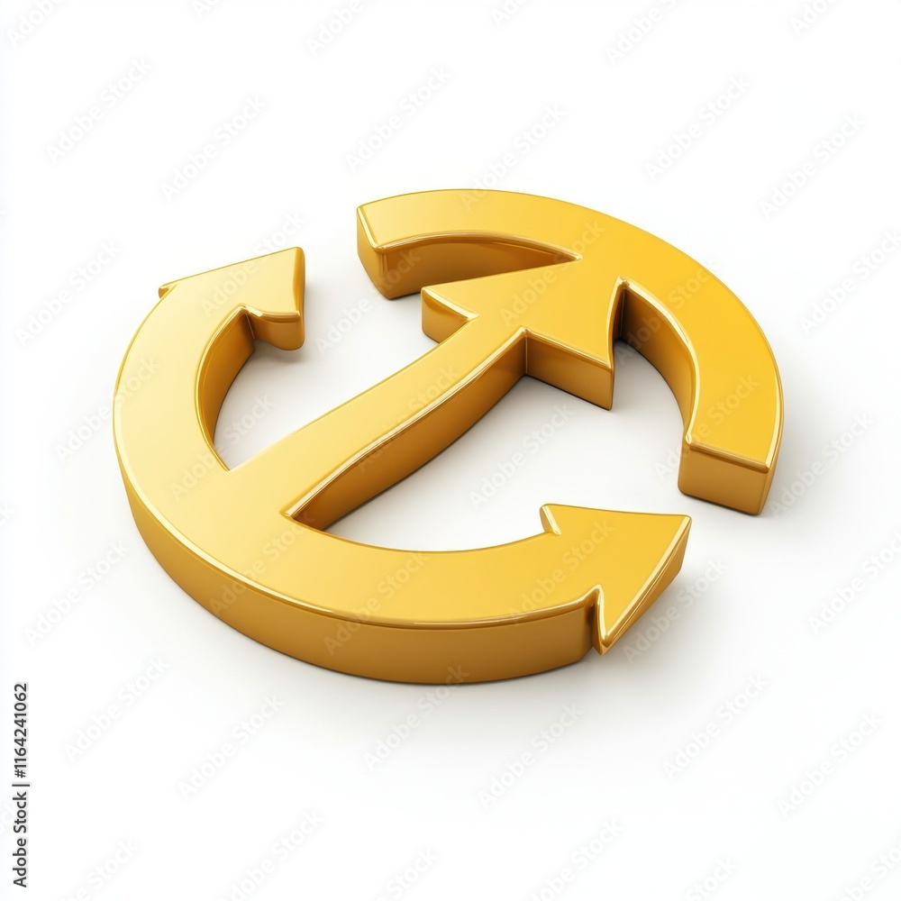 Fototapeta premium A shiny, three-dimensional gold circular arrow symbol representing recycling and sustainability.