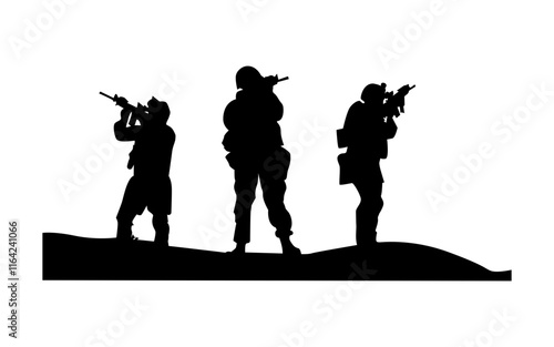 Black silhouette of american army soldier, veteran and military man with gun rifle or weapon isolated on white background.