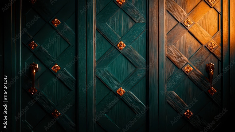 Obraz premium A richly textured teal door with diagonal patterns and ornate golden handles, illuminated by warm light, creating a striking visual contrast.