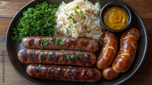 Savory grilled sausages served with sauerkraut and mustard on a black plate