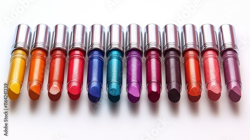 Colorful array of lipsticks displayed in artistic arrangement for beauty lovers