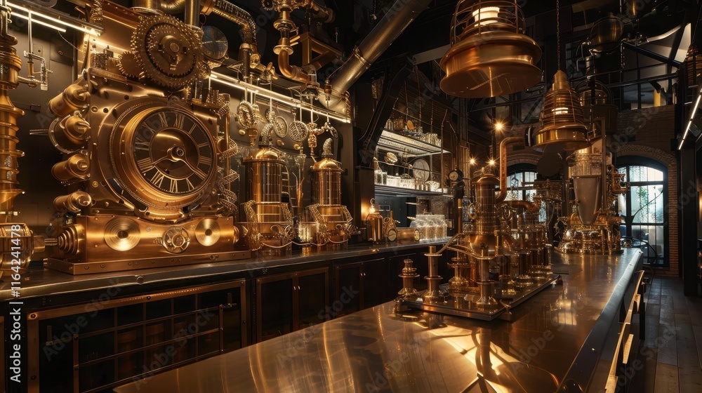Detailed Steampunk Laboratory with Glowing Golden Gears and Mechanisms