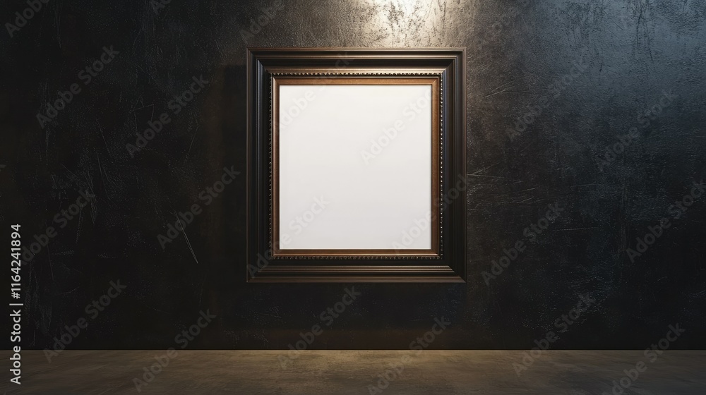 Elegant Empty Picture Frame on Dark Wall in Modern Gallery Setting Elegant Empty Picture Frame on Dark Wall in Modern Gallery Setting