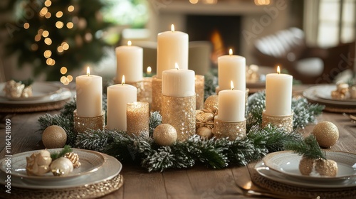 Elegant holiday table setting with candles and greenery creating a warm atmos...
