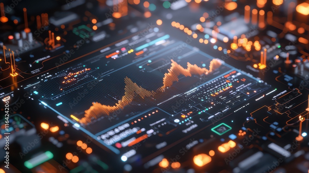 A close-up view of a futuristic circuit board displaying vibrant data visualizations and glowing components. A close-up view of a futuristic circuit board displaying vibrant data visualizations and glowing components.